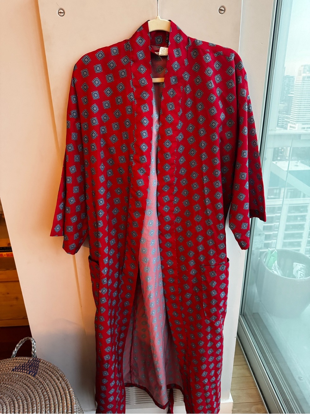 Vintage Bill Blass Red Printed Long Kimono Robe Duster